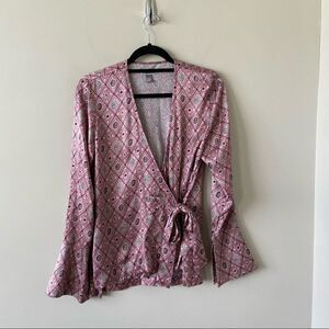 Chelsea28-satin Wrap Front Floral Long Sleeve Top